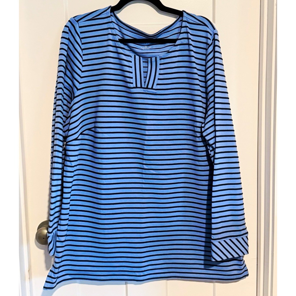 Talbots Women's XL Blue Black Striped V-Neck Long Sleeve Tunic Top